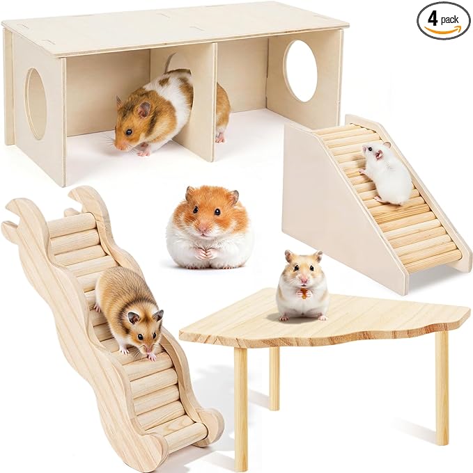 BreezeHug 4 Pcs Hamster Platform Hideout Wooden Tunnel Ladder Playhouse Hamster Game Climbing Toy with Platform Cage Accessories for Pets Dwarf Syrian Mice Degus Gerbils Squirrel(Peek)