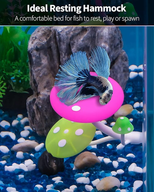 Uniclife Betta Mushroom Hammock Soft Aquarium Rest Bed Fish Breeding Playing Pad with Suction Cup Silicone Ornament Decoration Colorful Lifelike Decor for Fish Tank Landscape, 2 Pack