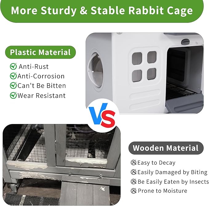Rockever Plastic Rabbit Cage Outdoor Indoor, Waterproof Rabbit Hutch-Leak-Proof Pull-Out Tray&Chew-Proof, Bunny Cage Guinea Pig Cages with Run, Easy-Clean & Ideal for Small Animal(Grey)
