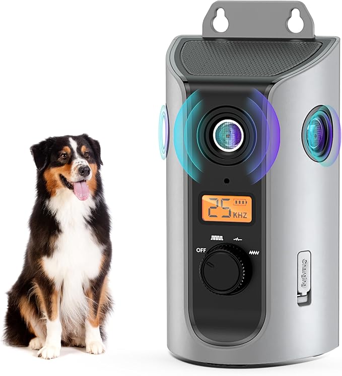Anti Barking Device, 50FT Solar Charging Dog Barking Deterrent Device, Tri-Directional Ultrasonic Stop Dog Barking Device, Barking Control Device for Indoor Outdoor