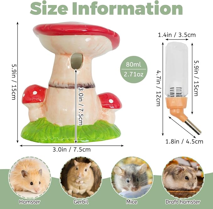PINVNBY Hamster Water Bottle No Drip Ceramic Automatic Gerbil Water Bottle 80ML Water Dispenser with Mushroom Stand Holder for Gerbils Syrian Hamsters Dwarf Hamsters Mice (Red)