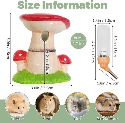 PINVNBY Hamster Water Bottle No Drip Ceramic Automatic Gerbil Water Bottle 80ML Water Dispenser with Mushroom Stand Holder for Gerbils Syrian Hamsters Dwarf Hamsters Mice (Red)