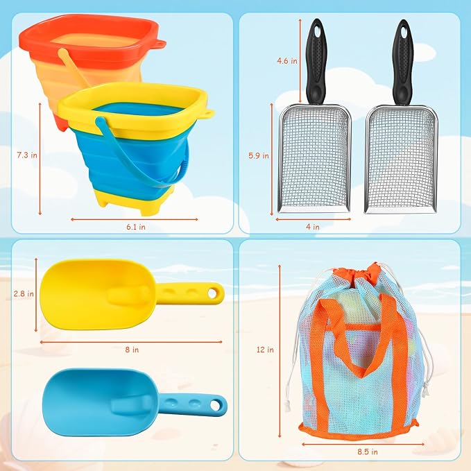 Beach Sand Toys with 2-Pack Collapsible Buckets & Shovels for Kids | Foldable Pail Bucket with Shovels & Mesh Bag, Large capacity, Potable for Shell Collecting Castle Building Summer Travel