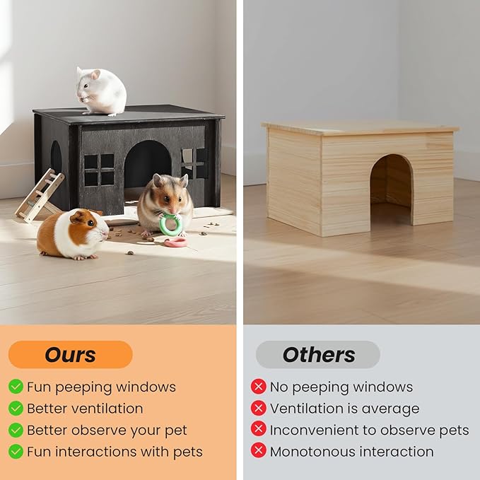 Black Guinea Pig Hideout and Hideouts, Wooden Guinea Pig House with Cushion, Lovely Chinchilla House with Windows, Large Hamster House Hideout for Hamsters Small Bunny Chinchillas Playing Hiding