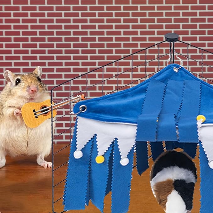 ibasenice Small Pet Hideaway Tent with Hammock, Three-Sided Corner Hamster Hideout House for Guinea Pigs and Squirrels, Blue Cozy Shelter for Small Animals Cage