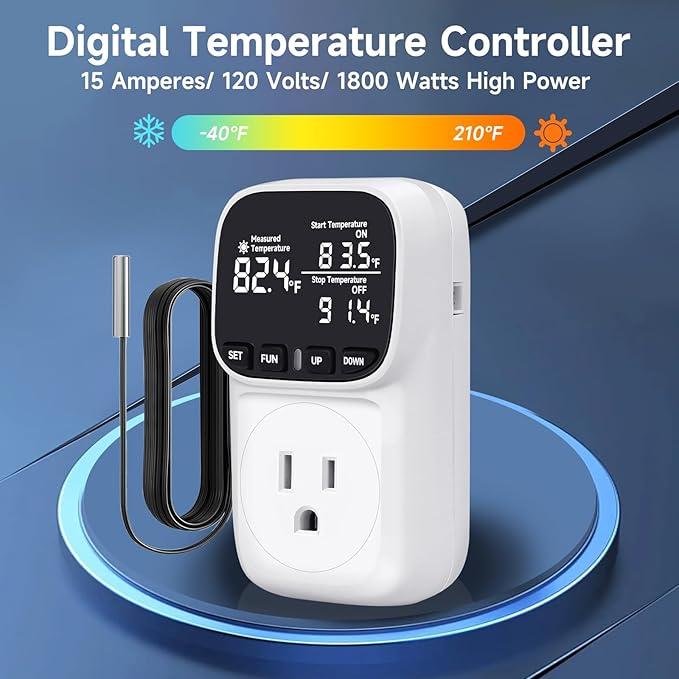Temperature Controlled Outlet with 16.4ft & 6.5ft 2 Probes, Reptile Thermostat 15A 1800W Digital Thermostat, Heating Cooling Timer with Cyclic Timing/Countdown, -40℉~210℉ for Reptile Incubator