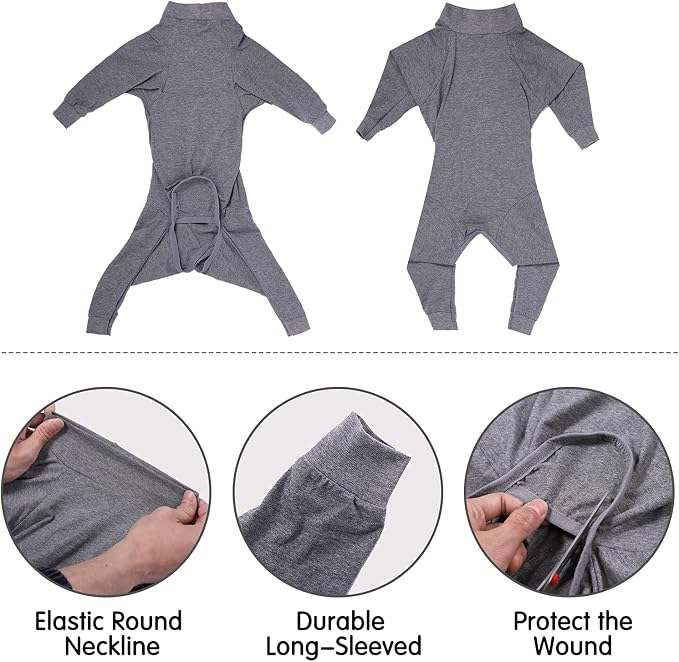 Dog Recovery Suit Abdominal Wound After Surgery Wear Prevent Licking Wounds E-Collar & Cone Alternatives Postoperative Shirt Dog Pajamas Long Sleeve Prevent Shedding (XX-Large, Grey)