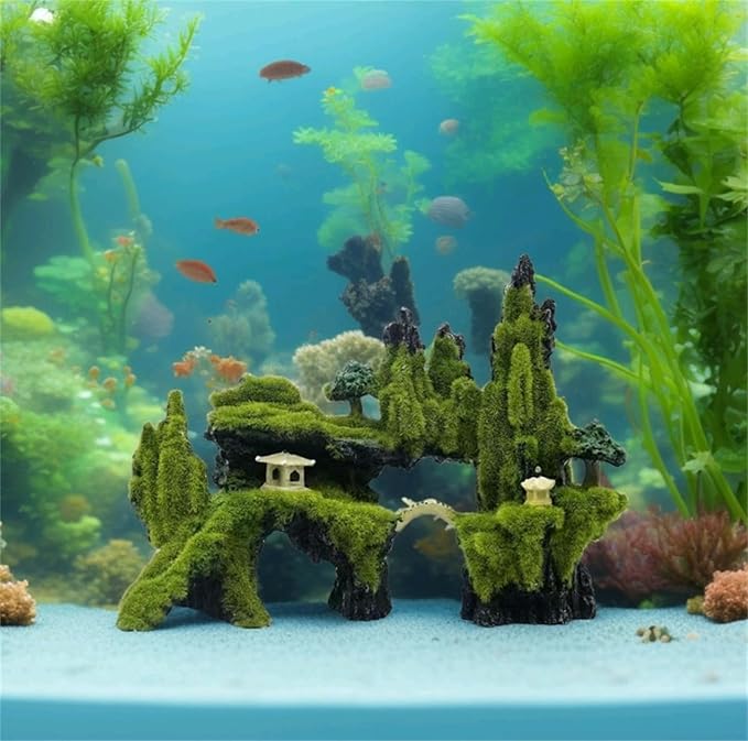 Fish Tank Decorations, Aquarium Decor Aquarium Rocks Mountain View, Landscape Aquarium Ornament Rock Resin Decoration Stone with Moss Fish Tank Rocks (L)