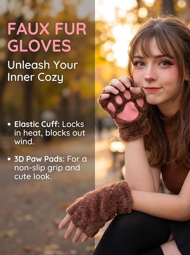 OTPEH Cat Paws Gloves Fingerless Bear Furry Paw Cute Hand Gear Cosplay Costume Accessories