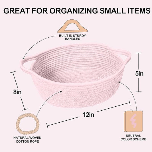 Small Woven Gift Basket, Baskets for Gifts Empty, Cotton Rope Cat Dog Toy Box, Nursery Baby Organizer with Handles, Cute Wicker Storage Bin for Home Decor, Light Pink, 12"x 8"x 5"