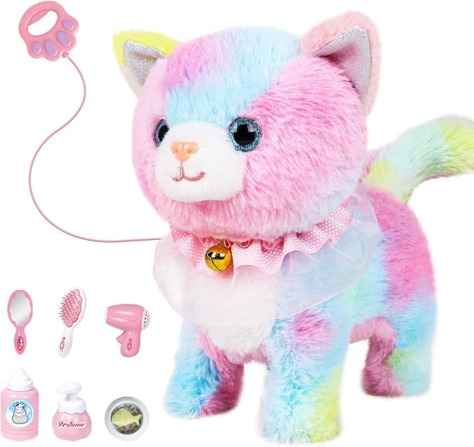 Jimate Interactive Electronic Plush Toy Walking and Barking Robot Cat Plush Cat Remote Control Kitten for Girls (Colorful Cat)
