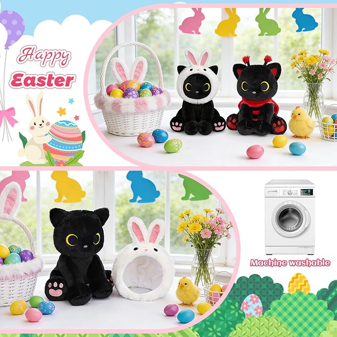 Black Cat Plush with Removable Bunny Hood, Cute Stuffed Animal Kawaii Soft Toy for Kids Toddlers, Birthday Gift for Boys Girls, Party Favors