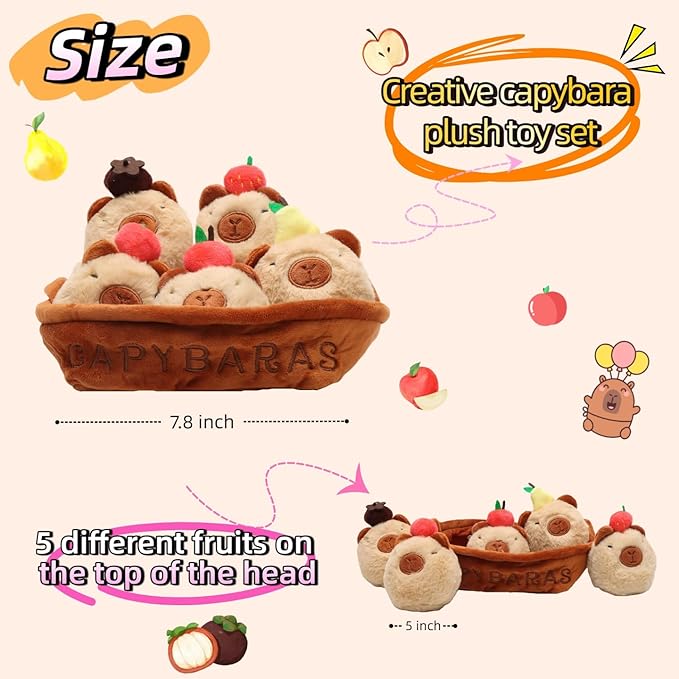 Capybara Plush Toy Set with Fruit, 5pcs Cute Capybaras Stuffed Animal in Basket, 7.87in Interactive Plush Animals, Soft Kawaii Gifts for Kids & Friends – Birthday, Christmas, Holiday Decor