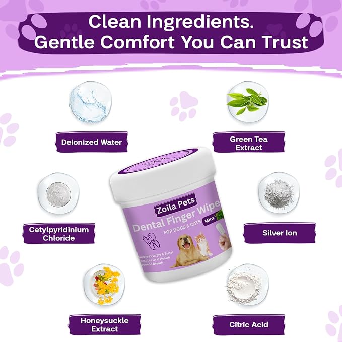 Dog & Cat Dental Wipes - Finger Toothbrush for Plaque, Tartar & Breath | Dental wipes help remove plaque, tartar & bad breath for dogs, cats & small pets, easy at-home oral care, 50 Wipes, Mint