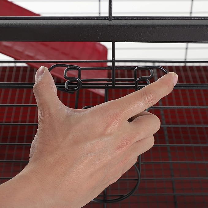 PawHut 41" L Small Animal Cage Rabbit Hutch Ferret Pet Play House with Feeder, Rolling Wheels, Platform, Ramp, Red