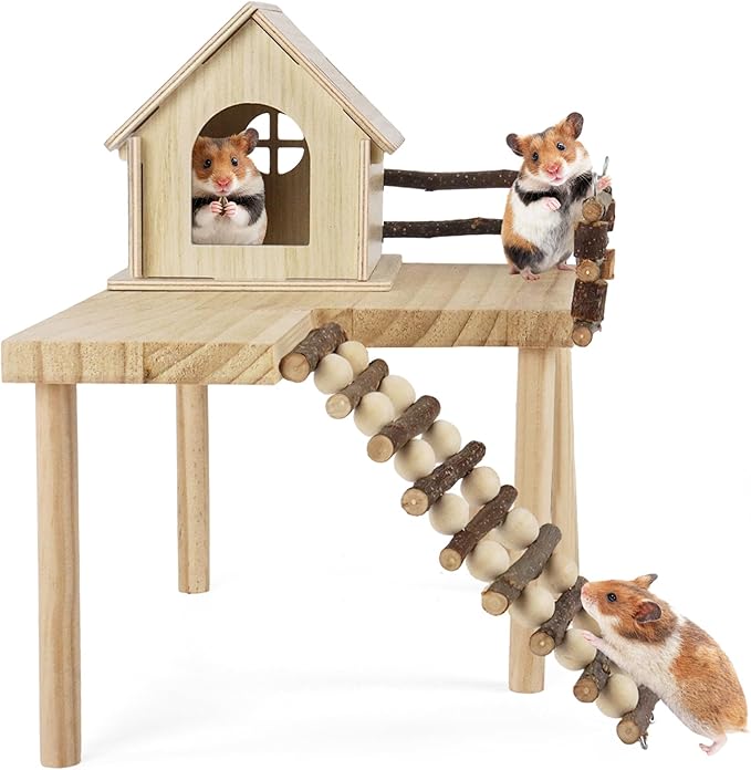 Wooden Hamster House and Platform, Hamsters Platform with Ladder, Hamster Cage Accessories, Cute Small Pets Toy for Hiding Sleeping Activities Habitat Decor