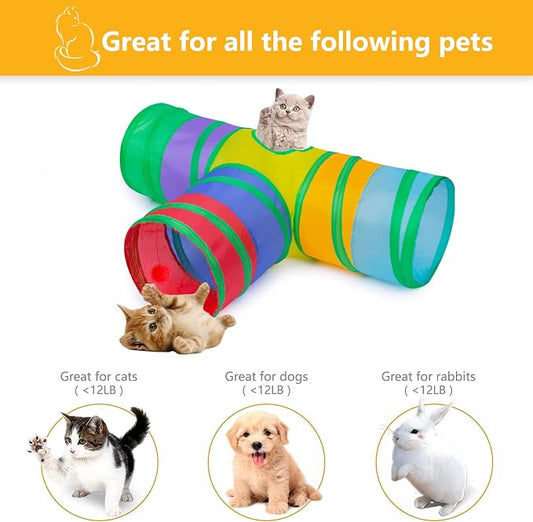 Cat Tunnel, Collapsible Tube with 1 Play Ball Kitty Toys, 3 Ways Cat Tunnels for Indoor Cats, Puppy, Kitty, Kitten, Rabbit (Rainbow)