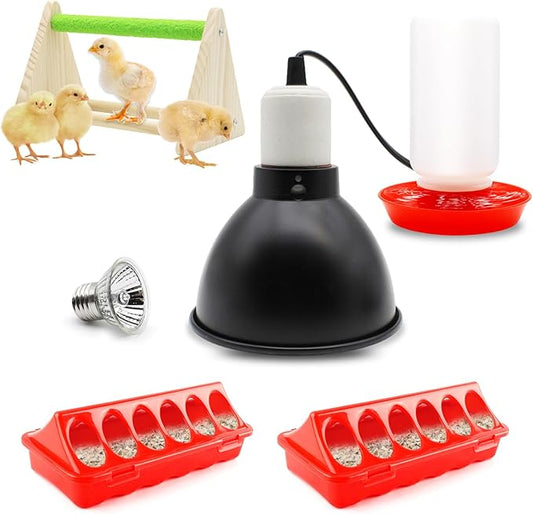 Chick Feeder and Waterer Kit with 75W Heat Lamp, Chick Perch, Flip Top Poultry Feeder, Baby Chick Starter Kit for Chick Brooder, Baby Chicken Supplies for Baby Chick, Duck and Quail