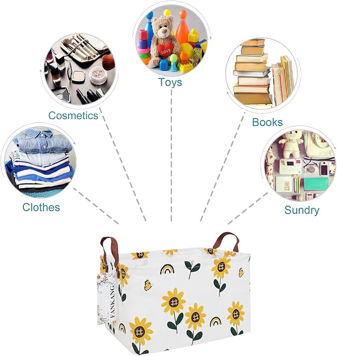 Storage Bins, Nursery Hamper Canvas Laundry Basket Foldable with Waterproof PE Coating Large Storage Baskets for Kids Boys and Girls, Office, Bedroom, Clothes,Toys(Rec-Sunflower）