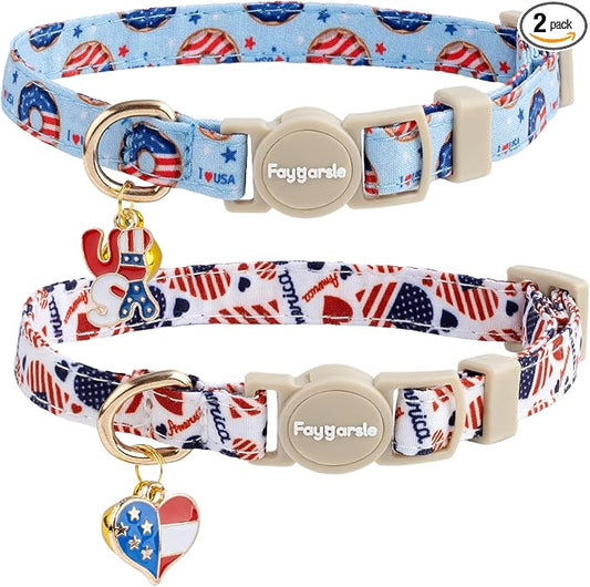Faygarsle 2 Pack Patriotic American Flag Dog Collar Pattern Cat Collars Breakaway Safety Collar with Bell Spring Summer Design for Girl Cats, Red White Blue