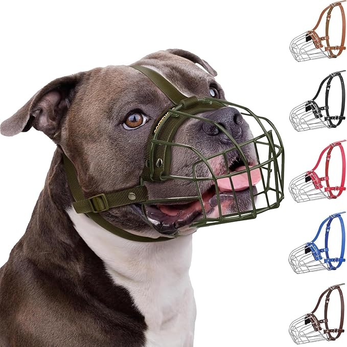 BRONZEDOG Pitbull Dog Muzzle Breathable Metal Basket for Large Dogs Amstaff Staffordshire Terrier Biting Chewing Barking (Nylon, Military Green)