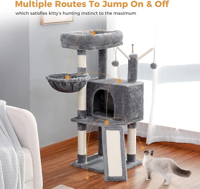 MUTTROS Cat Tree, Multi-Level Cat Tower for Indoor Cats, Cat Climbing Tree Condo with Sisal Covered Scratching Posts, Deep Hammock and Interactive Cat Toy, Gray
