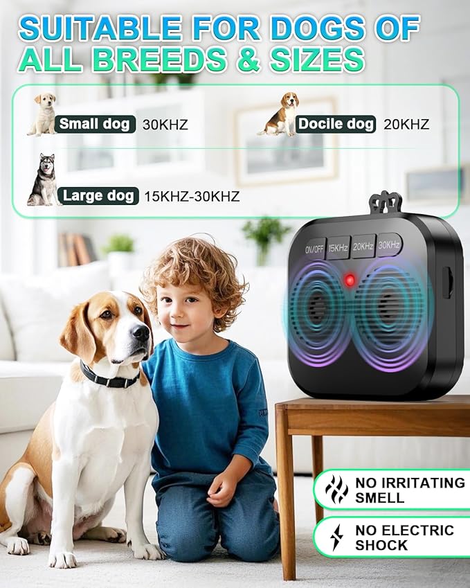 Anti Barking Device for Dogs, Dog Bark Deterrent Device, Rechargeable Ultrasonic Bark Box with 3 Modes, Safe & Effective 33FT Ultrasonic Bark Control Device Indoor, Outdoor & Garden Use (Black)