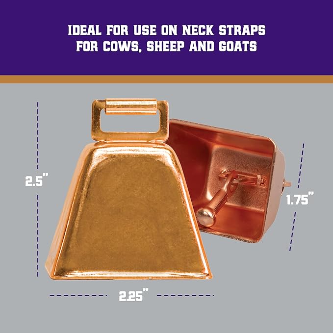 Weaver Livestock Copper-Plated Small Cow Bell, Robust Herd Tracking Loud Bell, Lightweight Goat Bells for Cow, Goat, and Sheep, 1.75” x 2.25” x 2.5”
