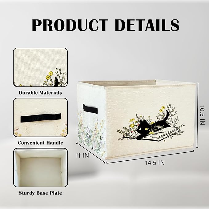 Black Cat Floral Storage Basket Bins With Handles for Girls Kids, Floral Cat Foldable Organizer Basket Toybox for Girls Room Nursery Bedroom Bathroom Clothes Toys Books