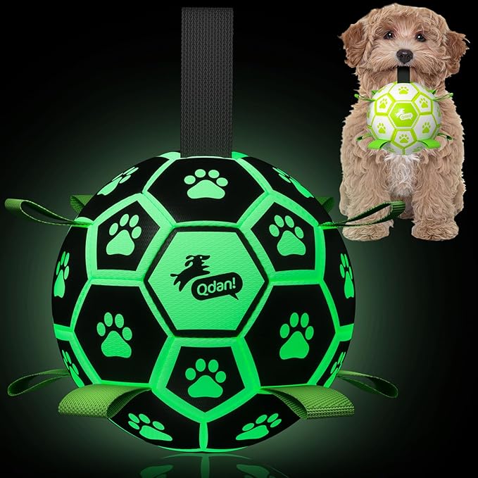 QDAN Glow in the Dark Dog Ball with Straps, No Charge Fetch & Tug Toy, 6 Inch Soccer Ball for Small & Medium Dogs, Great Birthday Gift for Pets