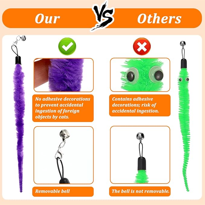 10 Pack Cat Worm Toys, Fuzzy Worm Cat Toy with Bell, Interactive Cats Wand Attachment Toys for Teaser Play and Chase Exercise with Kitten