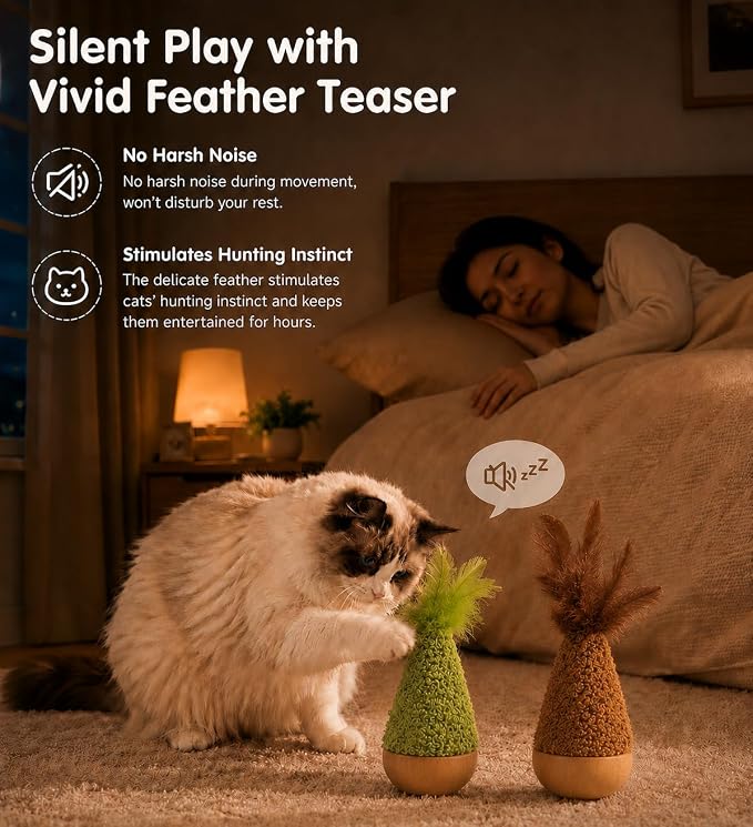 2-Pack Interactive Self-Righting Wobble Cat Toy with Feather, Fluffy Plush Wooden Tumbler for Bored Adult Indoor Cats Silent Self Play Cat Enrichment Toy, Green & Brown