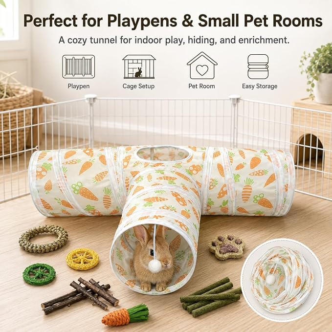Rabbit Tunnel Toy, Collapsible 3-Way Hideout Tunnel with Chew Toys for Rabbits, Guinea Pigs, Ferrets, Kittens & Small Pets - Orange & White Carrot Design (33"x20"x9.5")