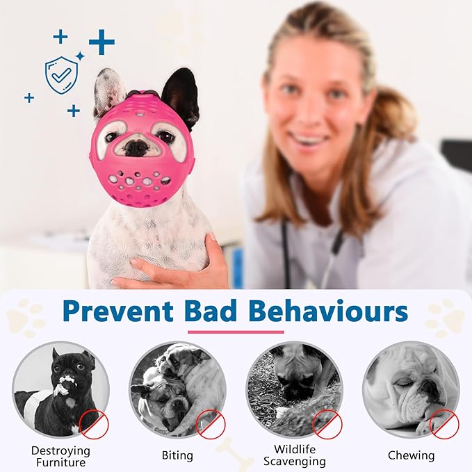 BARKLESS French Bulldog Muzzle, Soft Silicone Short Snout Dog Muzzle for Pug Boston Terriers, Brachycephalic Dog Mouth Guard to Prevent Biting, Ideal for Grooming, Allows Panting (Hot Pink, M)
