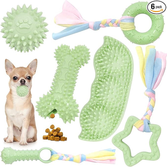 Petcare 6 Pack Small Dog Toys for Small Breed, Cute Green Puppy Teething Toys, Rubber Chew Toys, Essentials to Keep Them Busy, Best Pet Birthday Dog Toys