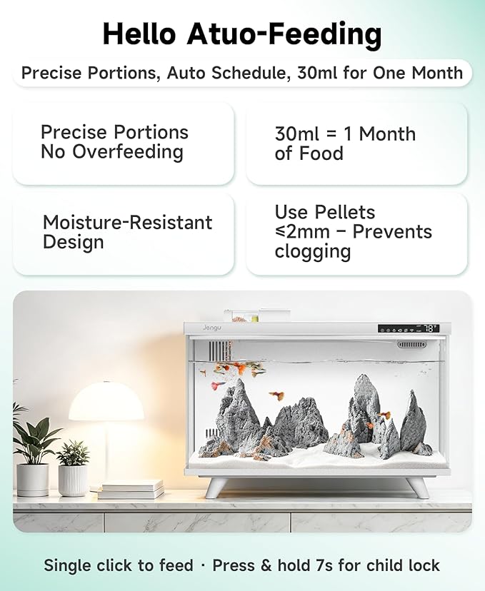 M1 5 Gallon Aquarium Starter Kit, App Control Smart Fish Tank with Filter, Auto Feeder, Quiet Pump, Timer Light, Temp Display, Crystal-Clear Glass Desktop Betta Tank for Guppy Shrimp, White