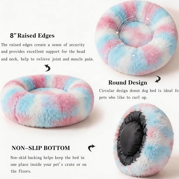 Calming Dog Bed for Medium Dogs Washable Donut 30 inches Anti-Slip Pet Bed,Round Fluffy Plush Faux Fur Cat Bed,Fits up to 45 lbs Pets,Multi Colored