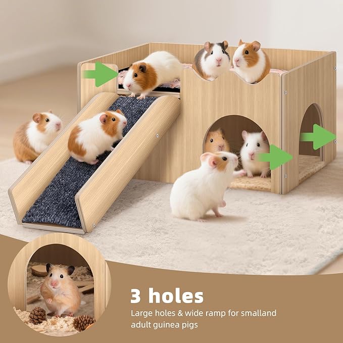 Extra Large Guinea Pig Hideout Castle, Natural Chew Proof Wooden Small Animal House with Anti-Slip Stairs & Mat, 2-Story Detachable Habitat, Easy to Assemble for Guinea Pigs, Rabbits, Hamsters