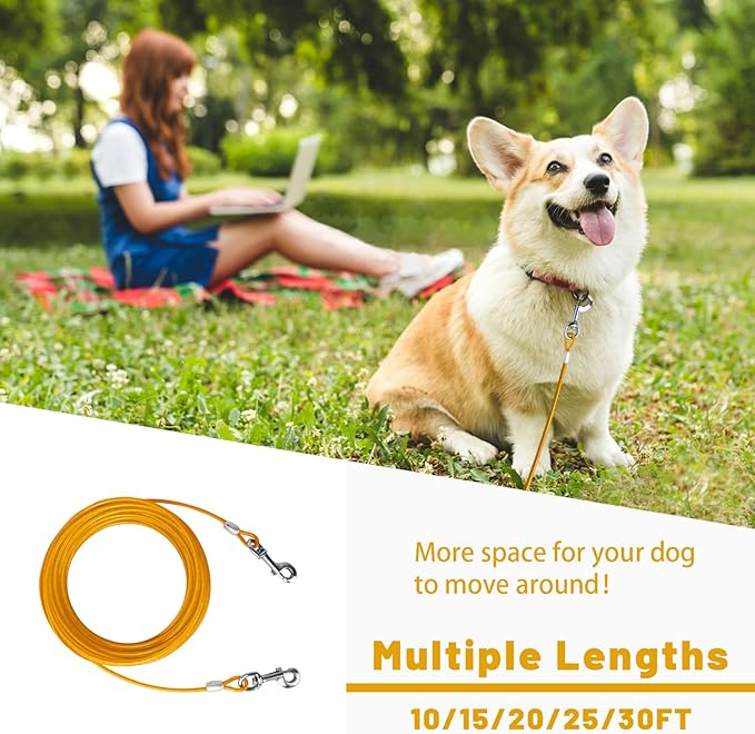 Dog Tie Out Cable 10/15/20/25/30 FT Dog Runner for Yard Steel Wire Dog Cable with Durable Superior Clips Yellow Dog Chains for Outside Dog Lead for Large Dogs Up to 165 lbs