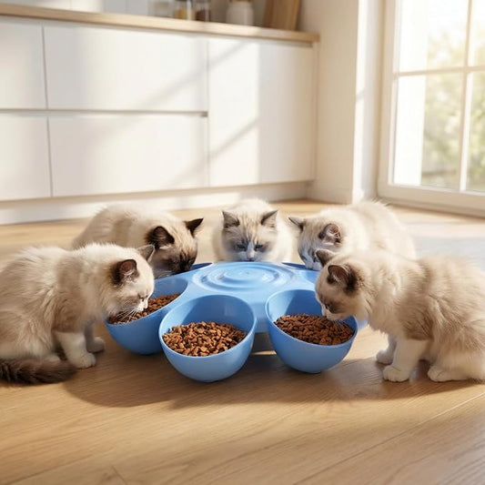 POPETPOP Cat Food Bowl with 6 Bowls - Pet Feeder for Multi Cat Kitten Puppy | Non-Toxic Plastic Multi Cat Dishes with Stable Base, Multiple Dinner Feeder for Outdoor Indoor Food & Water Feeding (Blue)