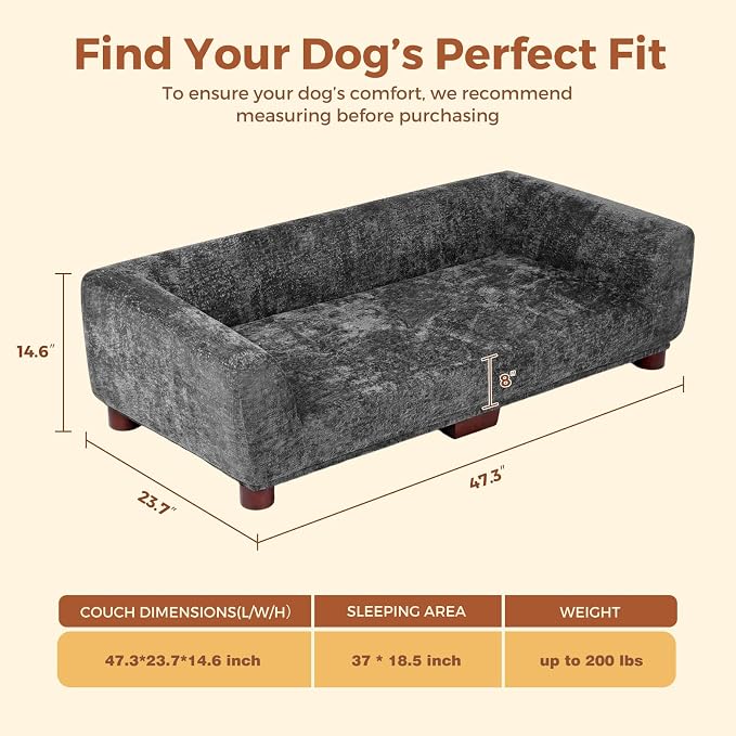 Dog Couch Sofa for Large & Extra Large Dogs, Elevated Pet Bed with Legs, Button Tufted Chenille Dog Couch with Backrest and Armrests, Modern Indoor Dog Furniture (Dark Gray, XL - 47" x 24" x 15")