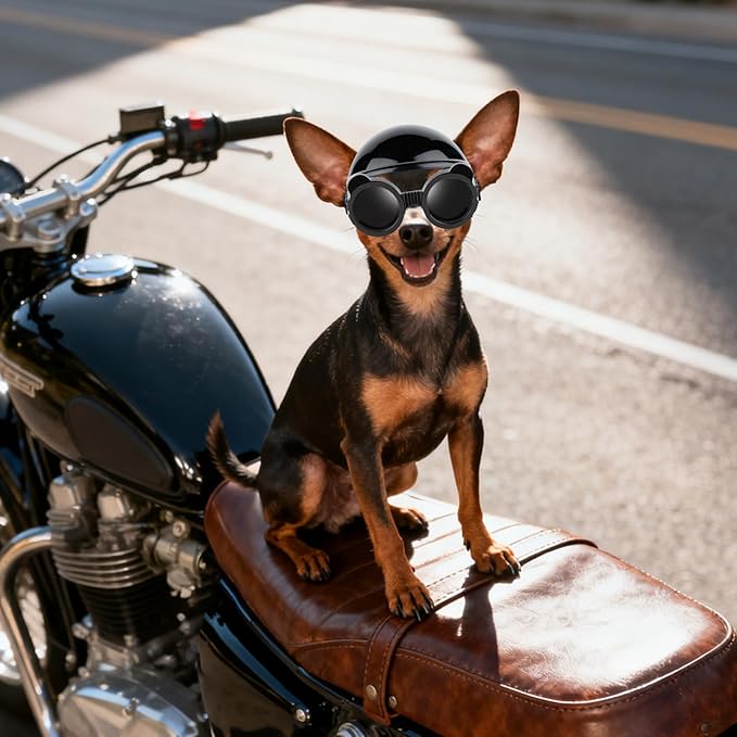 Extra Small Dog Goggles and XSmall Dog Helmet, 2Pcs Anti-UV Doggy Sunglasses Cat Motorcycle Protecetive Helmet Set, Chihuahua Safety Hard Hat Outdoor Head & Eyes Protection, Black XS