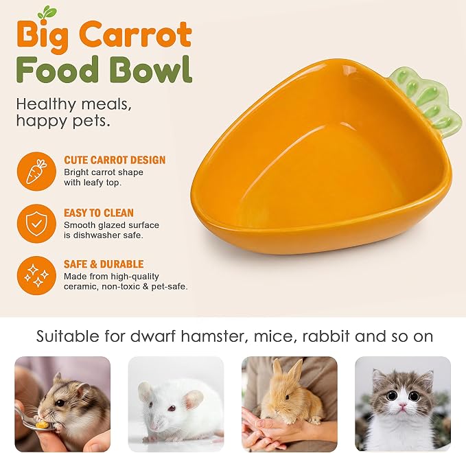 Hamster Food Bowl, Cute Big Carrot Shape Bowls, Ceramic Rabbit Bunny Guinea Pig Water Dish, Anti Spill & Prevent Tipping Chew Resistant Hay Feeder for Chinchilla, Ferret, Rat, Gerbil, Small Animals