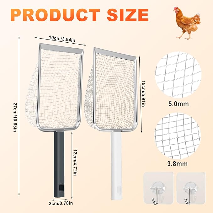 2 Pack Chicken Poop Scooper for Coop, Chicken Coop Shovel with 3.8mm (Fine) & 5mm (Medium) Mesh – Metal Rake & Scoop Tool with Hanger Hooks for Sifting Sand, Litter & Chicken Supplies