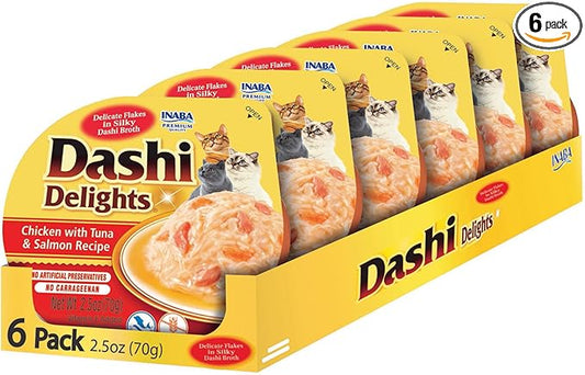 INABA Dashi Delights for Cats, Shredded Chicken Side Dish with Bonito Flake Broth, Cat Food Complement with Taurine & Green Tea Extract, 2.5 Ounce Cup, 6 Cups Total, Chicken with Tuna & Salmon Recipe