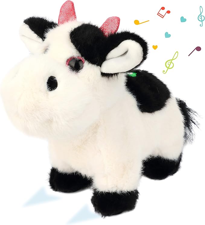 Walking Black Cow Stuffed Animal Speaking Moo Plush Cattle Electric Interactive Animated Plushies Toy for Girls Boys Birthday