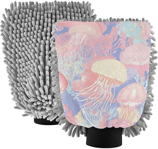 Car Wash Mitt Microfiber Wash Mitts for Car Washing Scratch-Free Cleaning Gloves Soft Non Absorbent Chenille Auto Hand Mitt Medium 2Pack Pastel Sea Coral Reef Jellyfish