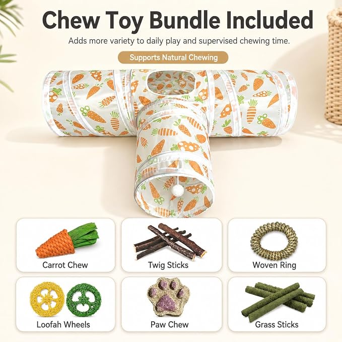 Rabbit Tunnel Toy, Collapsible 3-Way Hideout Tunnel with Chew Toys for Rabbits, Guinea Pigs, Ferrets, Kittens & Small Pets - Orange & White Carrot Design (33"x20"x9.5")