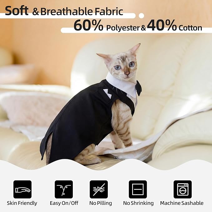 QBLEEV Cat Tuxedo Outfit with Bow Tie, Sphynx Cat Costume Formal Suit Wear | Soft breathable, stylish hairless clothes for cats only, kitten wedding birthday party shirt apparel for male boy