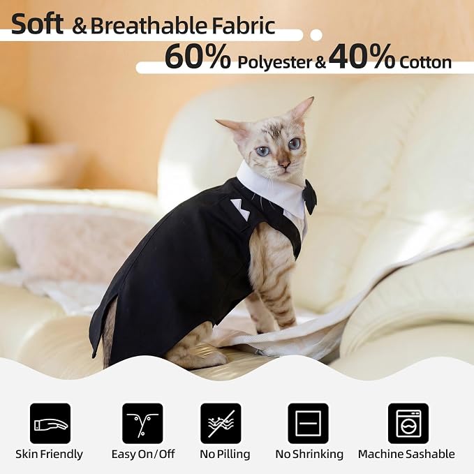 QBLEEV Cat Tuxedo Outfit with Bow Tie, Sphynx Cat Costume Formal Suit Wear | Soft breathable, stylish hairless clothes for cats only, kitten wedding birthday party shirt apparel for male boy